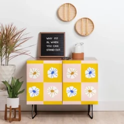 Maritza Lisa White Checkered Flowers Credenza - Deny Designs